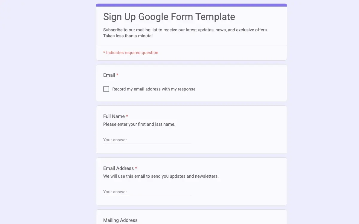 Preview of Sign Up Google Form Template