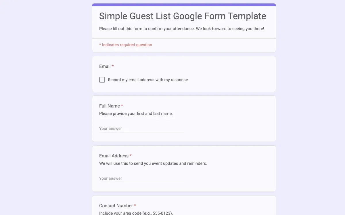 Preview of Simple Guest List Google Form Template