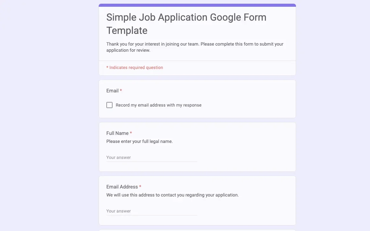 Preview of Simple Job Application Google Form Template