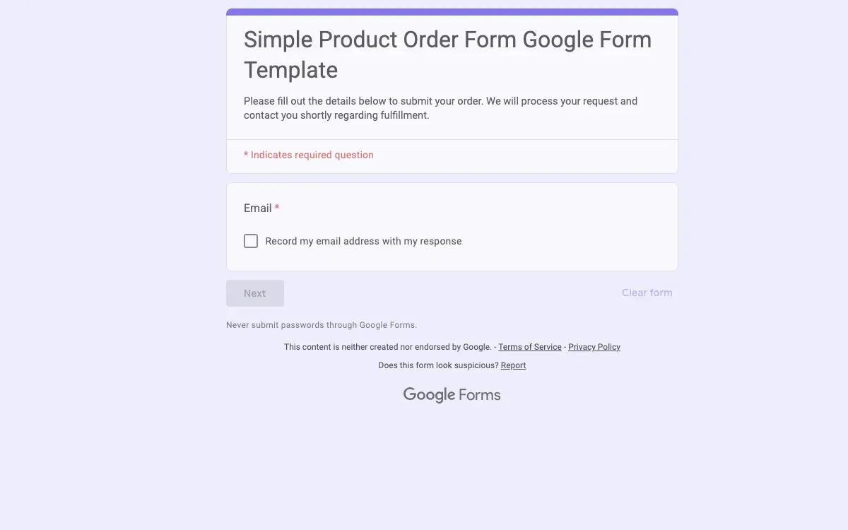 Preview of Simple Product Order Form Google Form Template