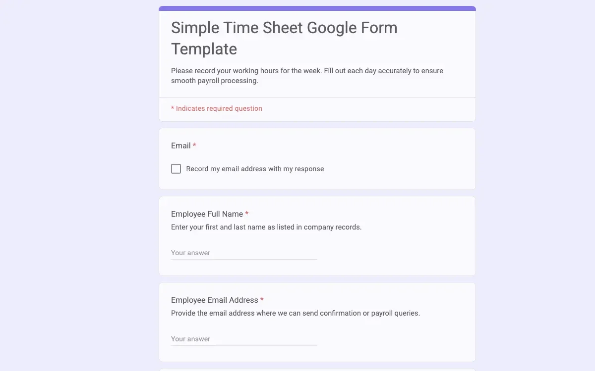 Preview of Simple Time Sheet Google Form Template