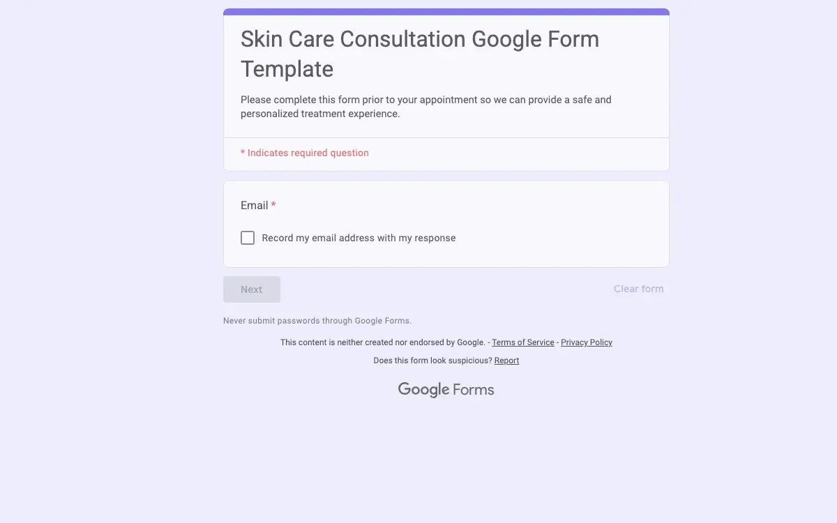 Preview of Skin Care Consultation Google Form Template