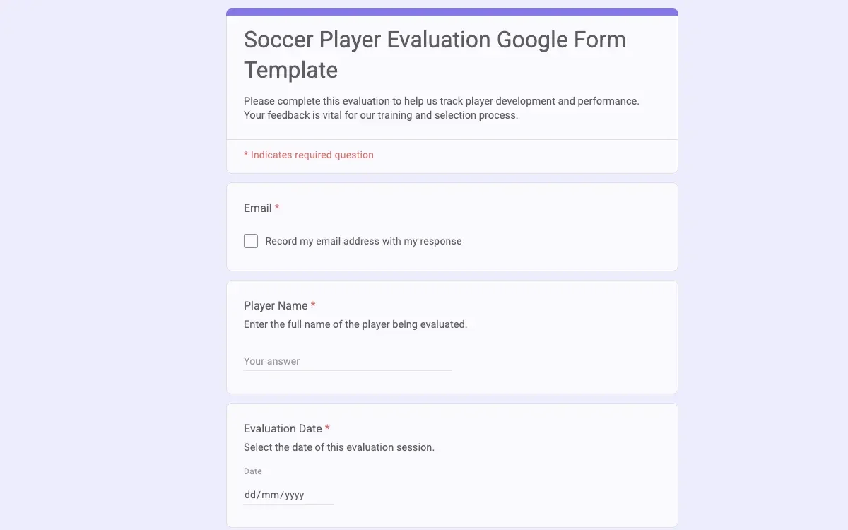 Preview of Soccer Player Evaluation Google Form Template