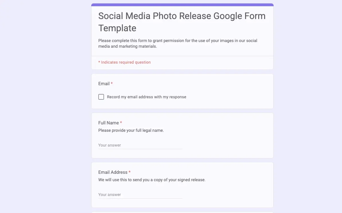 Preview of Social Media Photo Release Google Form Template