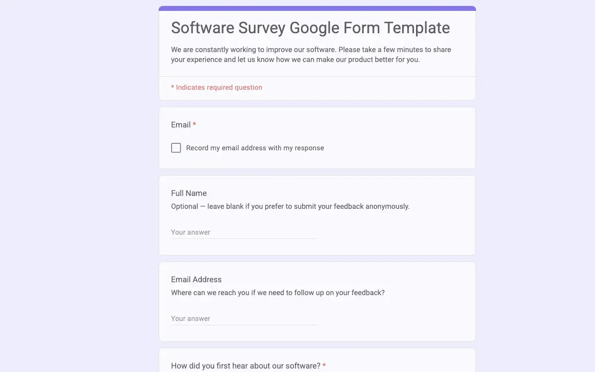 Preview of Software Survey Google Form Template
