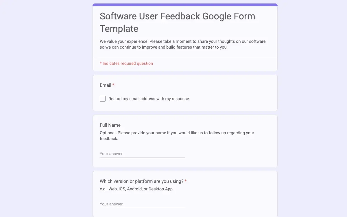 Preview of Software User Feedback Google Form Template