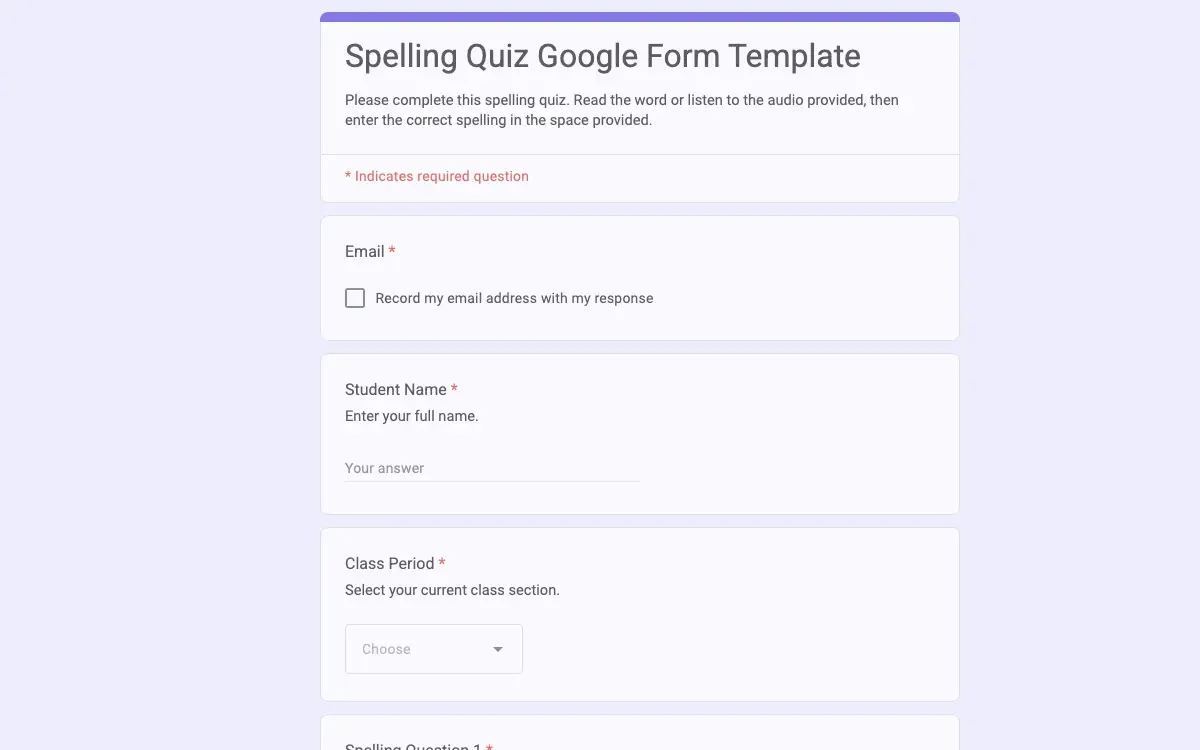 Preview of Spelling Quiz Google Form Template