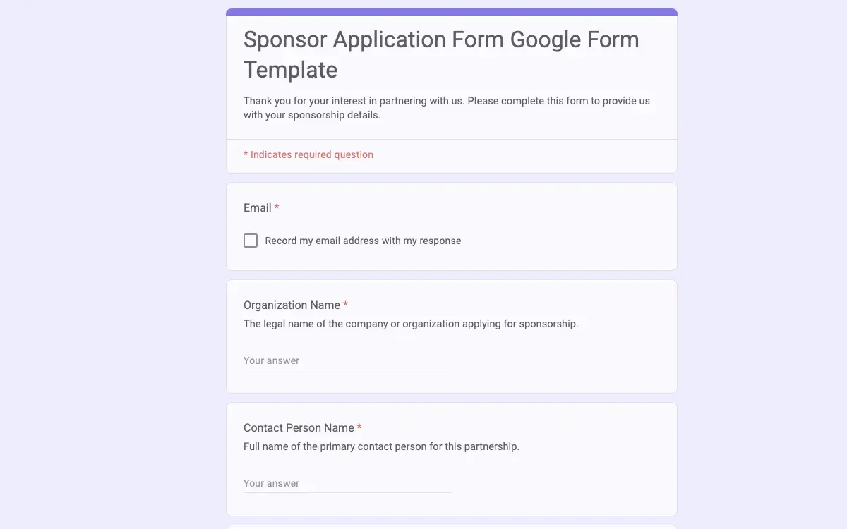 Preview of Sponsor Application Form Google Form Template