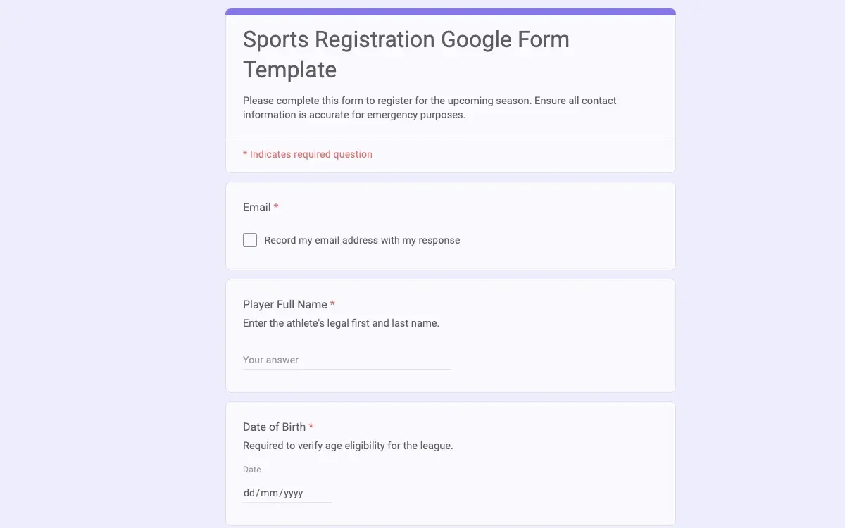 Preview of Sports Registration Google Form Template