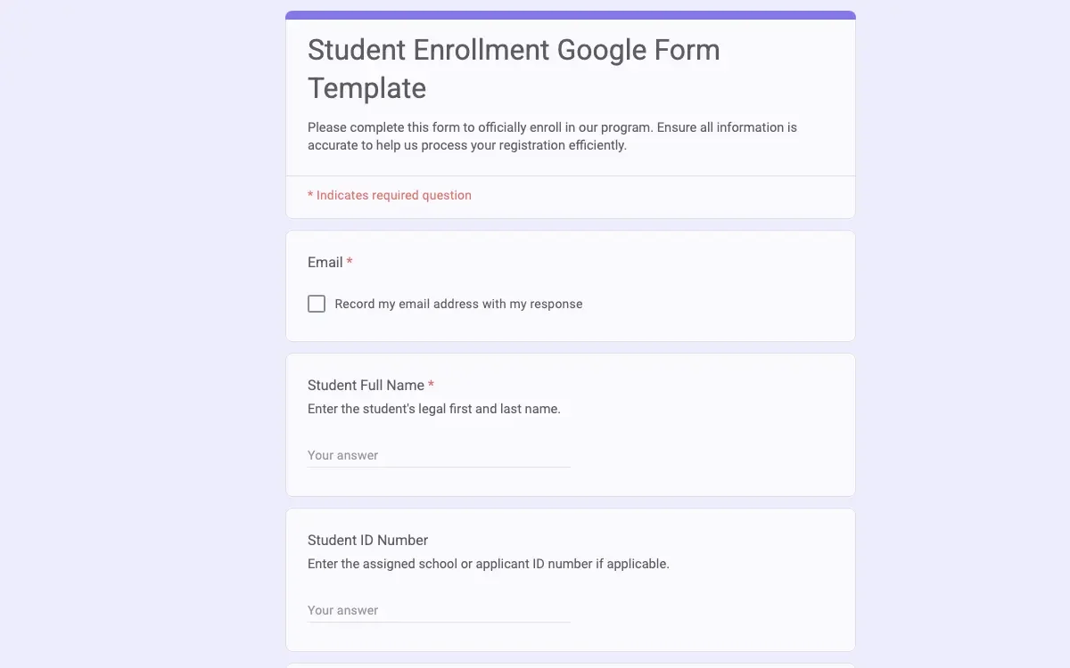 Preview of Student Enrollment Google Form Template