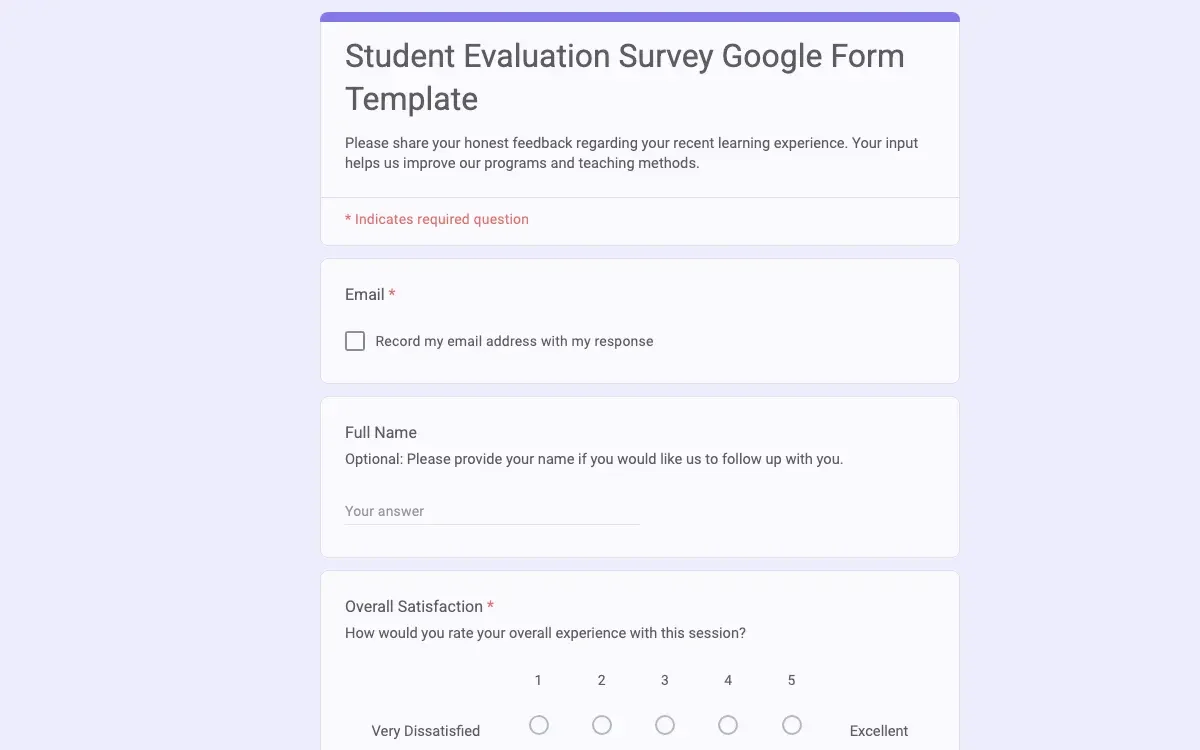 Preview of Student Evaluation Survey Google Form Template