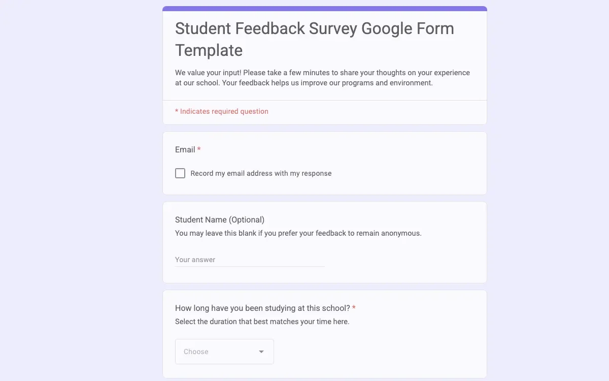 Preview of Student Feedback Survey Google Form Template