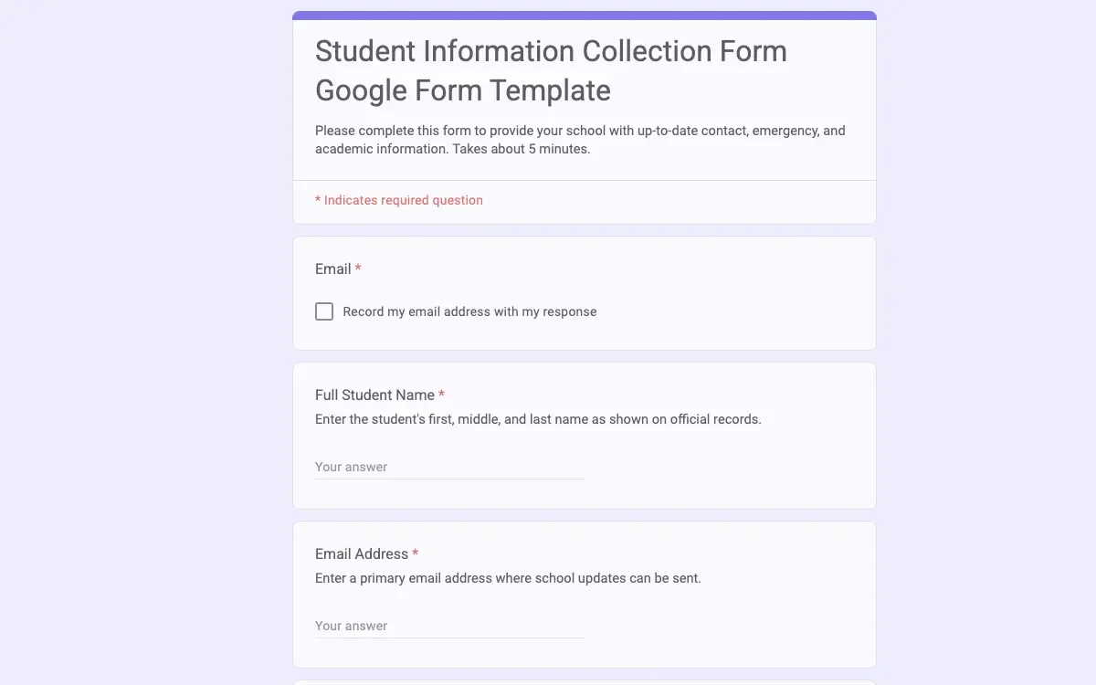 Preview of Student Information Collection Form Google Form Template
