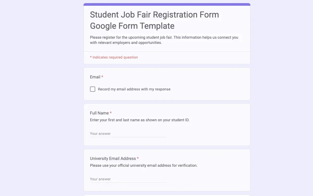 Preview of Student Job Fair Registration Form Google Form Template