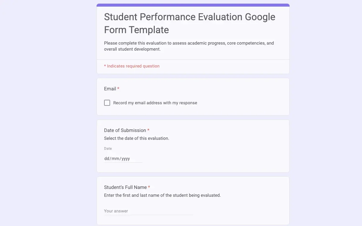 Preview of Student Performance Evaluation Google Form Template
