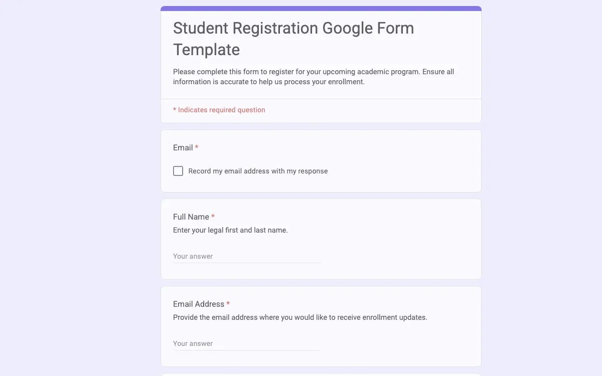 Preview of Student Registration Google Form Template