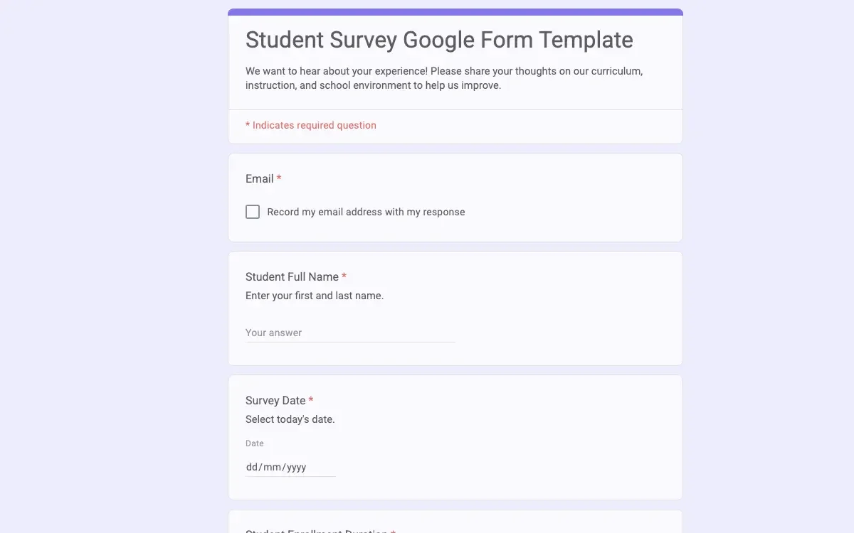 Preview of Student Survey Google Form Template