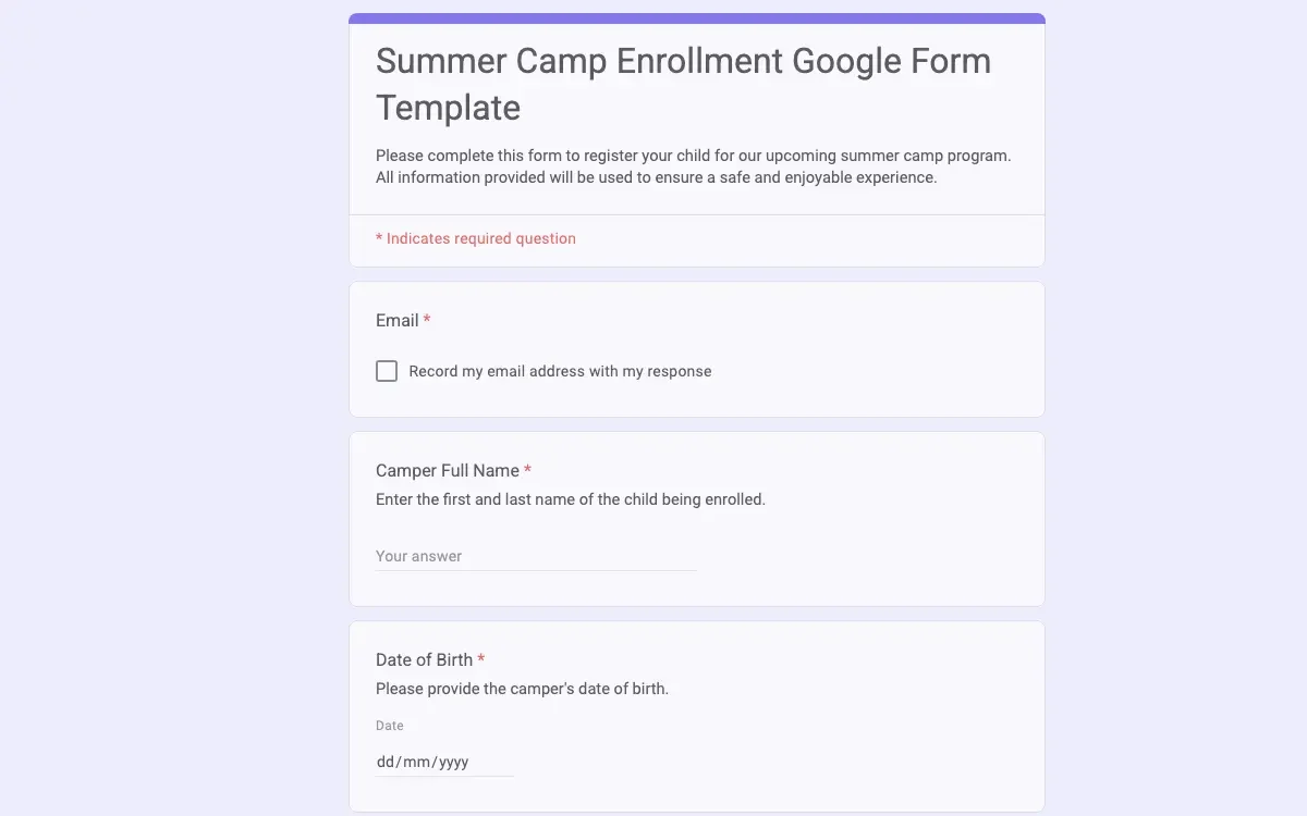 Preview of Summer Camp Enrollment Google Form Template