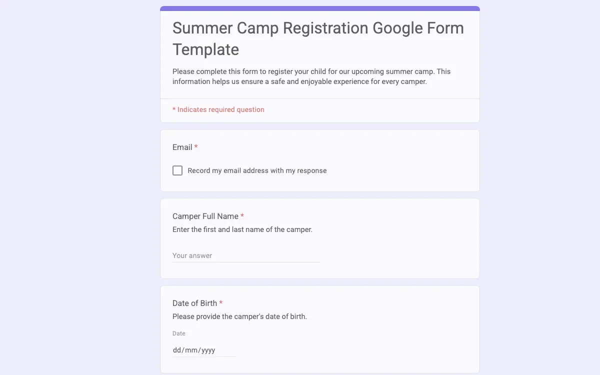 Preview of Summer Camp Registration Google Form Template