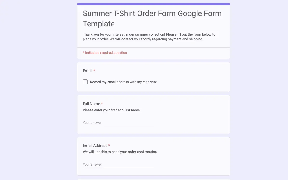 Preview of Summer T-Shirt Order Form Google Form Template