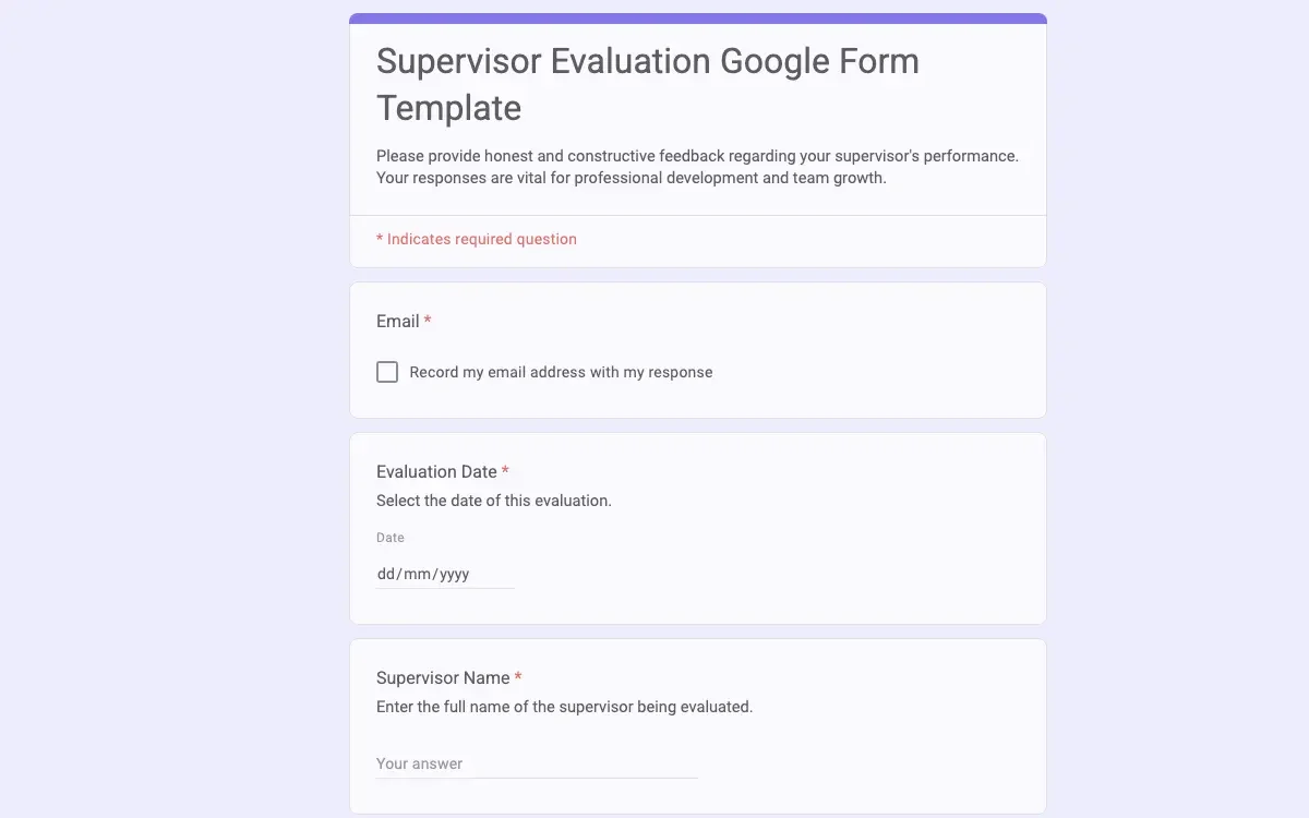 Preview of Supervisor Evaluation Google Form Template