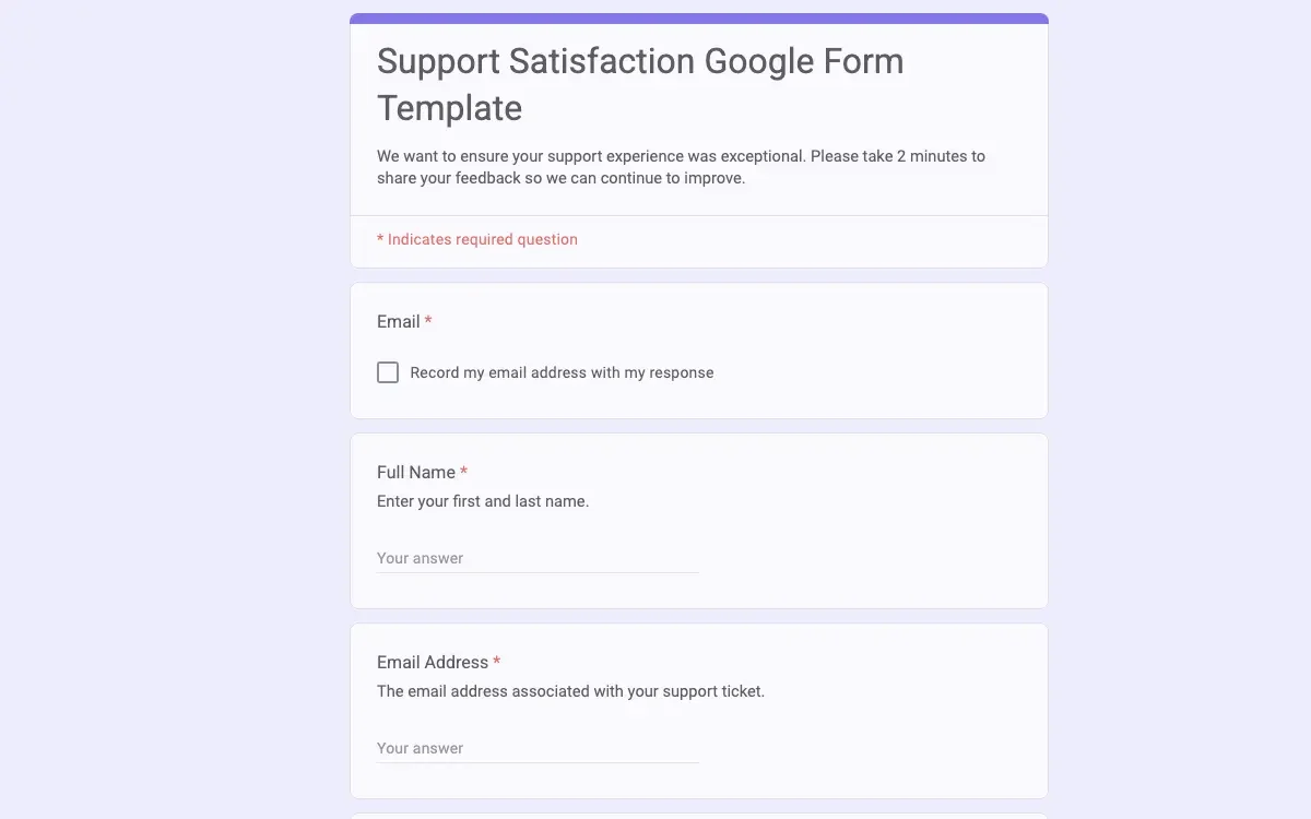 Preview of Support Satisfaction Google Form Template