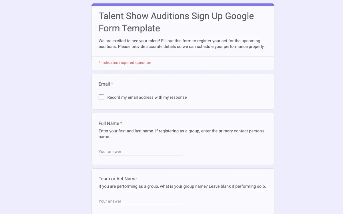 Preview of Talent Show Auditions Sign Up Google Form Template