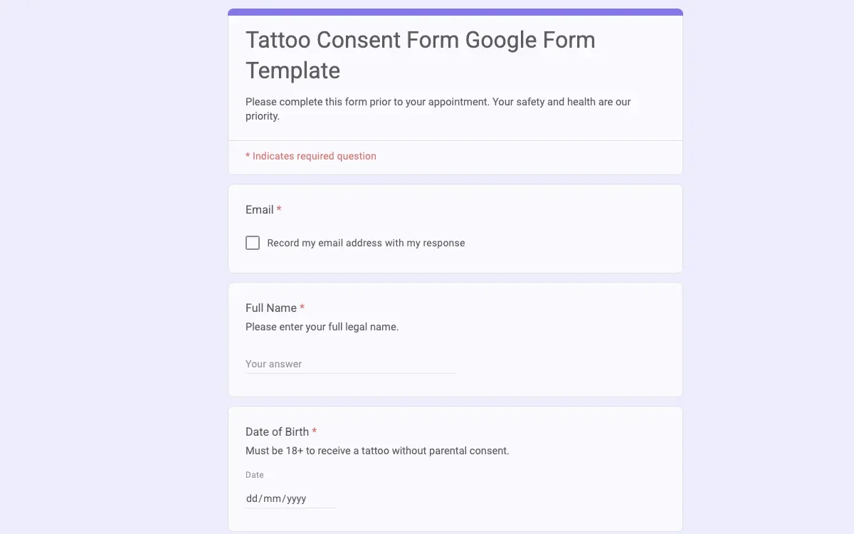 Preview of Tattoo Consent Form Google Form Template