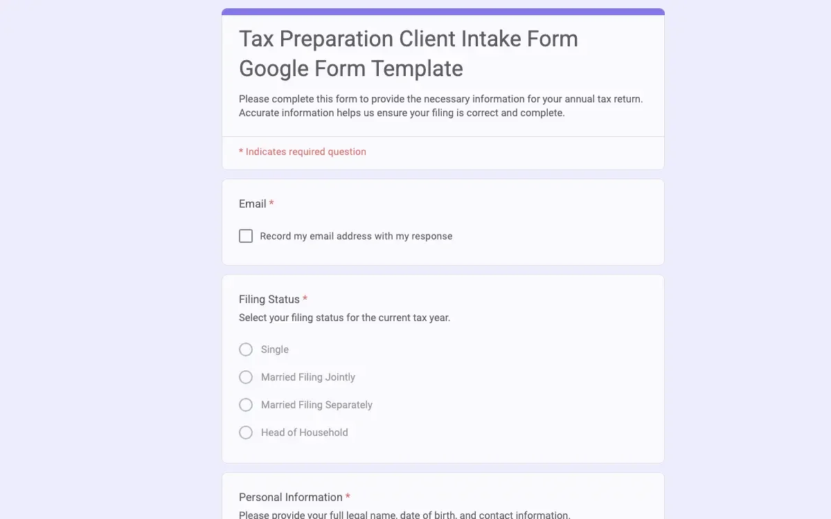 Preview of Tax Preparation Client Intake Form Google Form Template