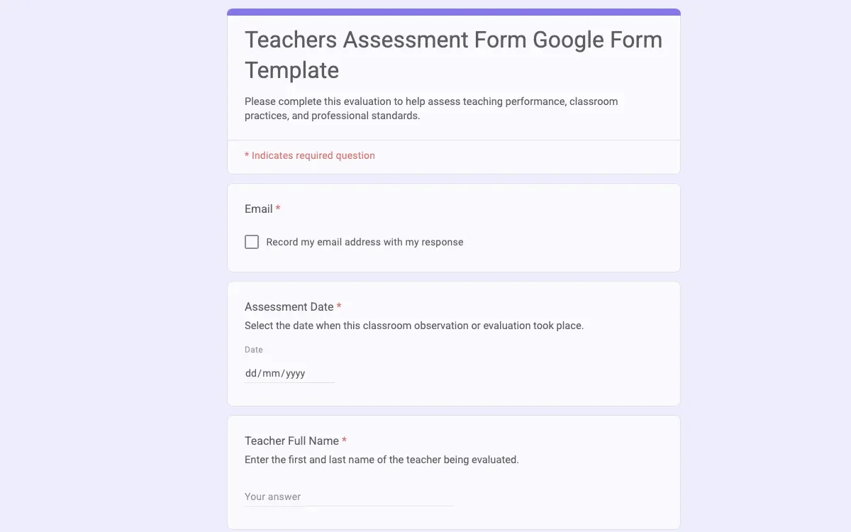Preview of Teachers Assessment Form Google Form Template