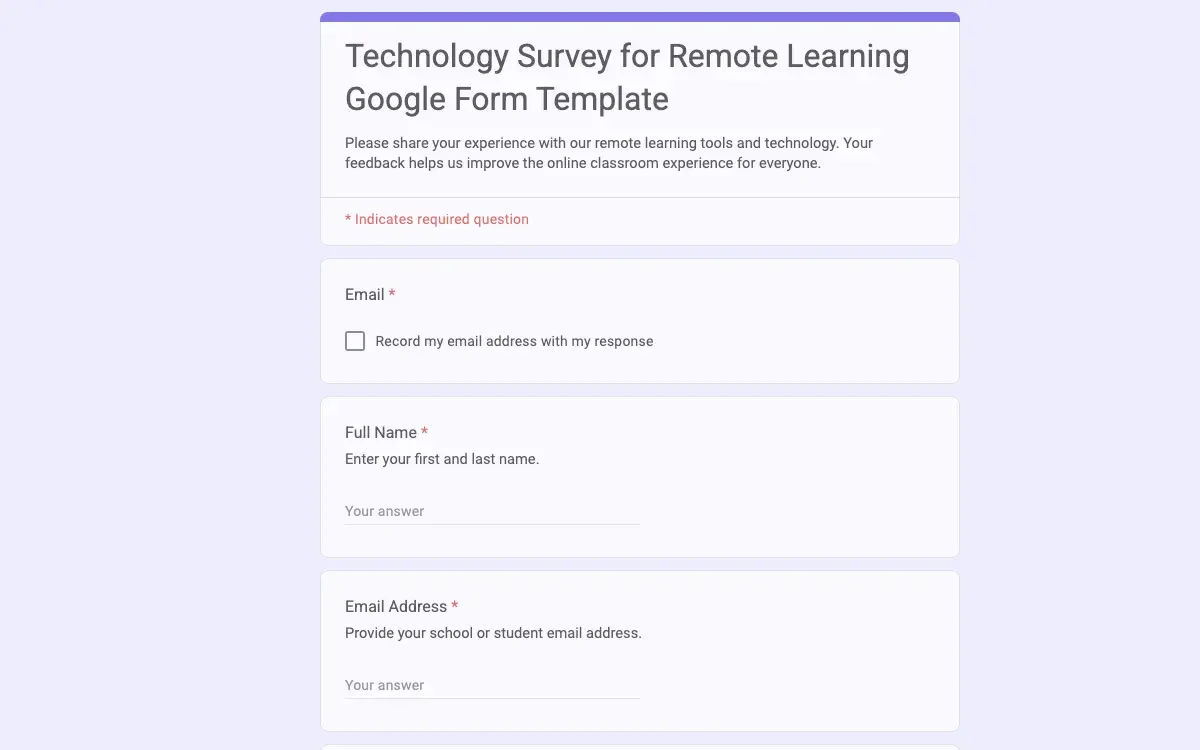 Preview of Technology Survey for Remote Learning Google Form Template