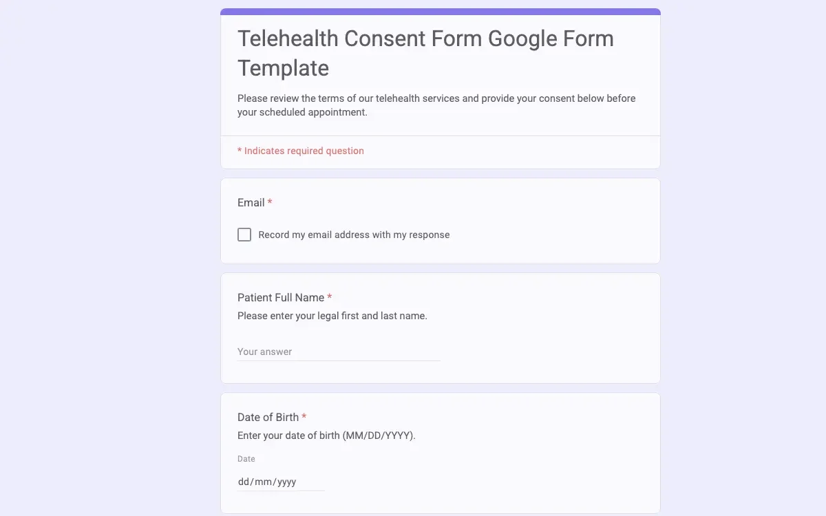 Preview of Telehealth Consent Form Google Form Template