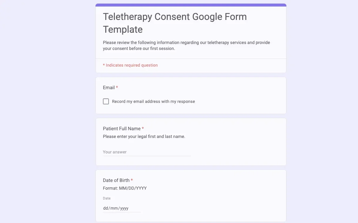 Preview of Teletherapy Consent Google Form Template