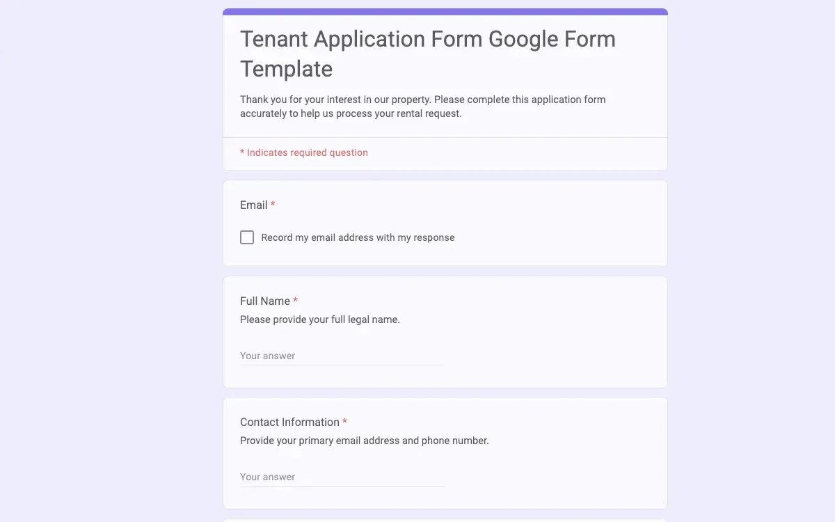Preview of Tenant Application Form Google Form Template