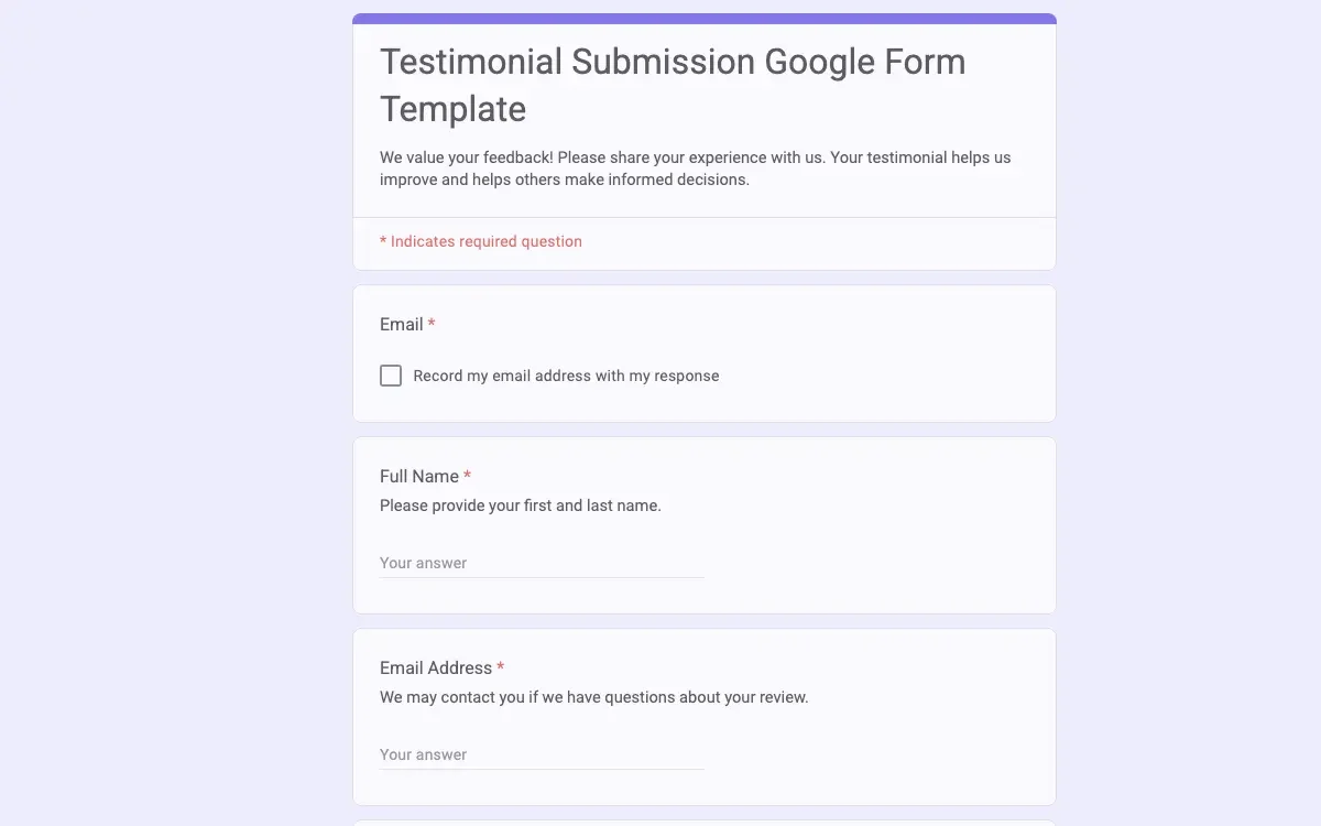 Preview of Testimonial Submission Google Form Template