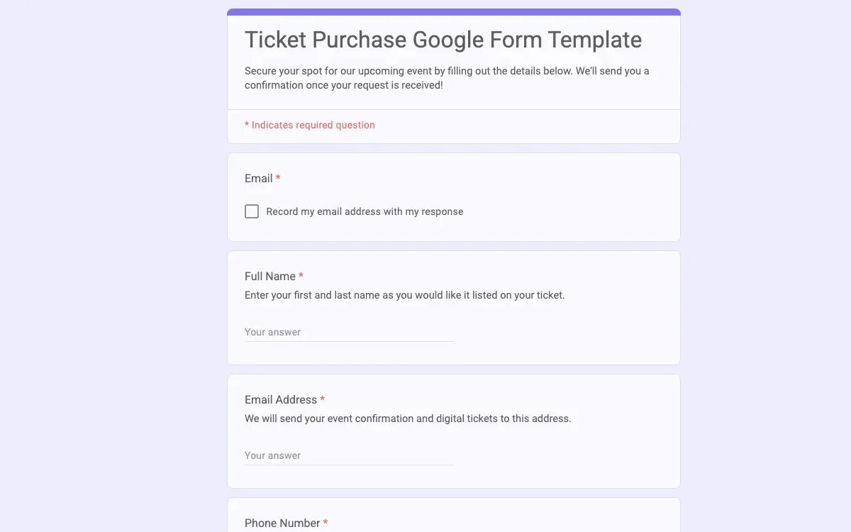 Preview of Ticket Purchase Google Form Template