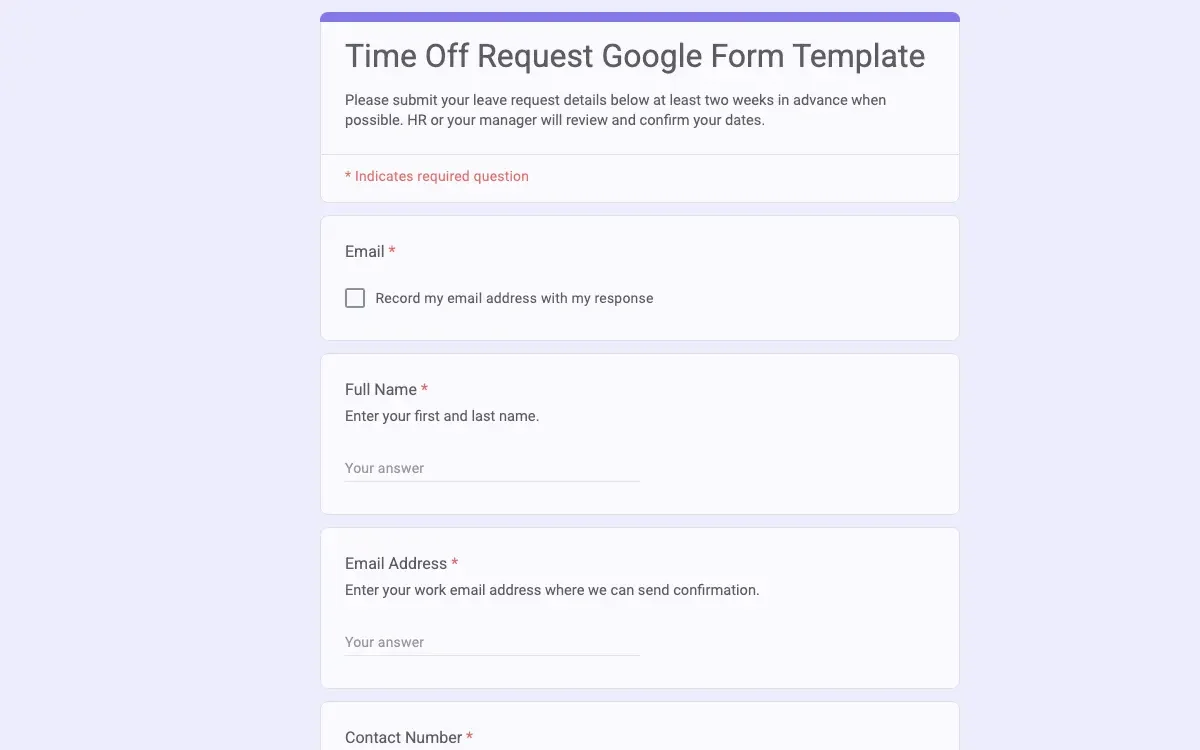 Preview of Time Off Request Google Form Template