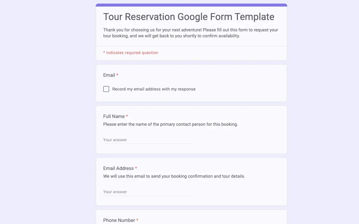 Preview of Tour Reservation Google Form Template