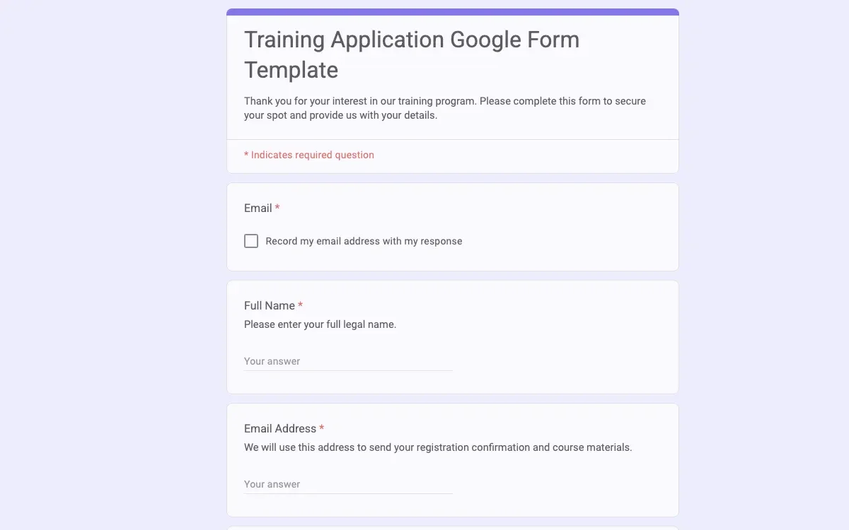 Preview of Training Application Google Form Template