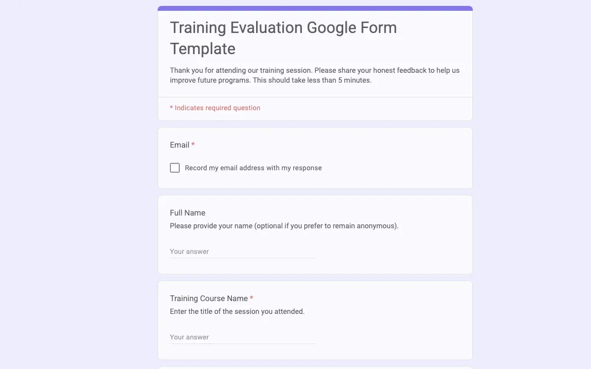 Preview of Training Evaluation Google Form Template