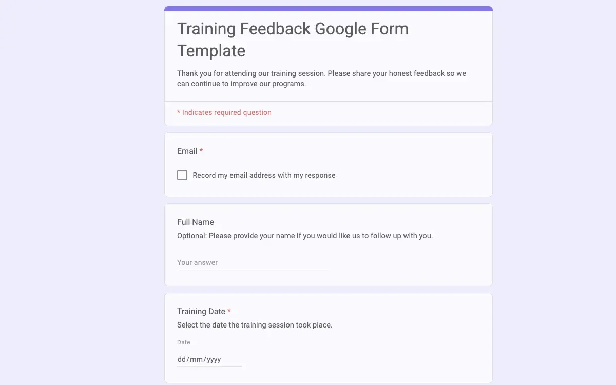 Preview of Training Feedback Google Form Template