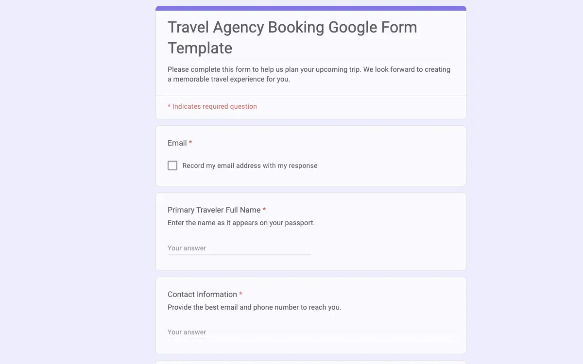 Preview of Travel Agency Booking Google Form Template