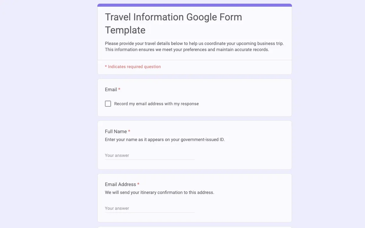 Preview of Travel Information Google Form Template
