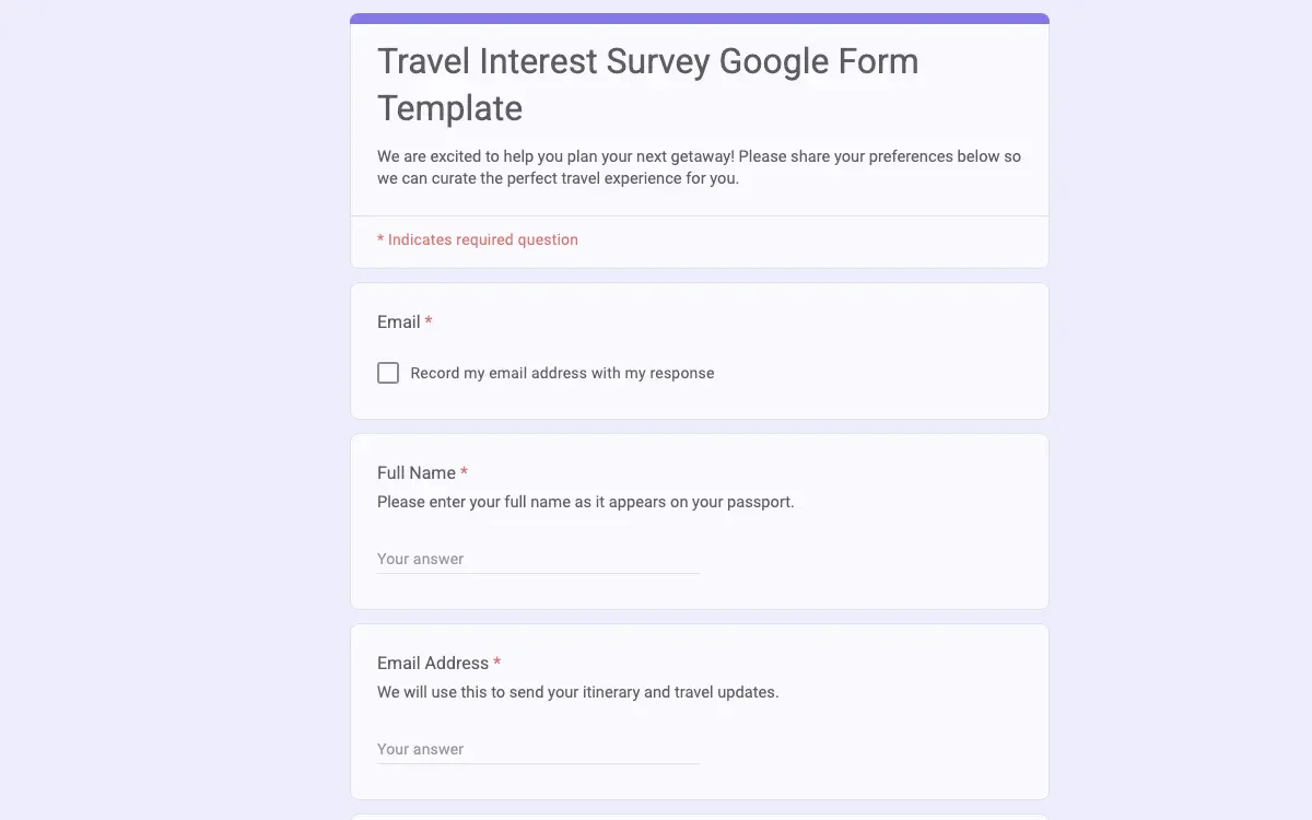 Preview of Travel Interest Survey Google Form Template