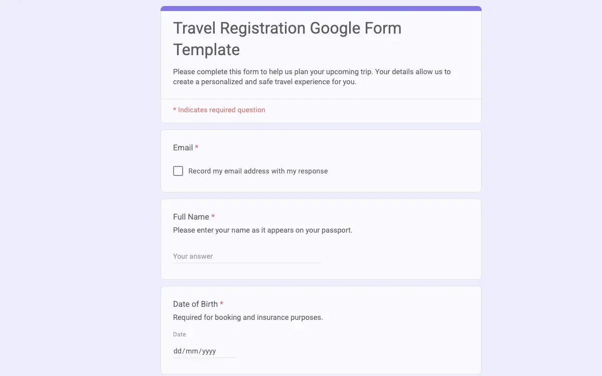 Preview of Travel Registration Google Form Template