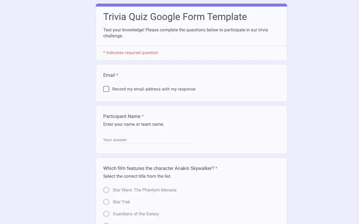 Preview of Trivia Quiz Google Form Template