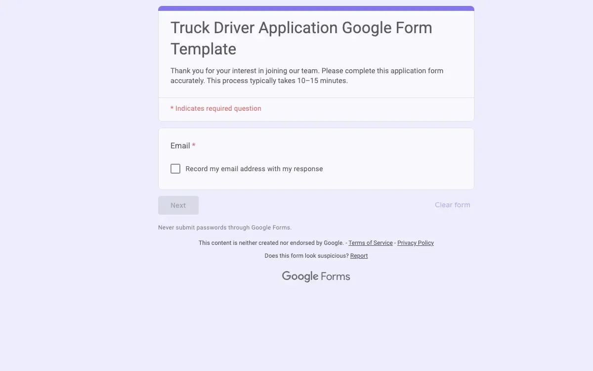 Preview of Truck Driver Application Google Form Template