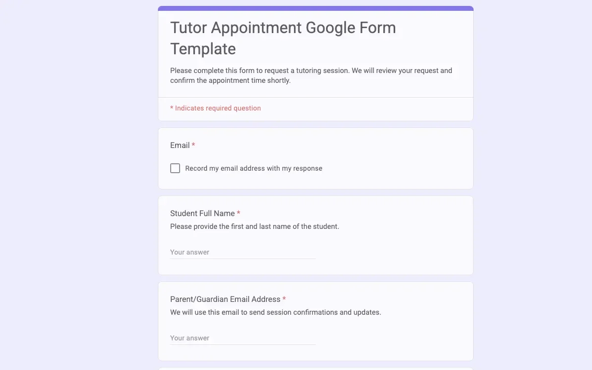 Preview of Tutor Appointment Google Form Template