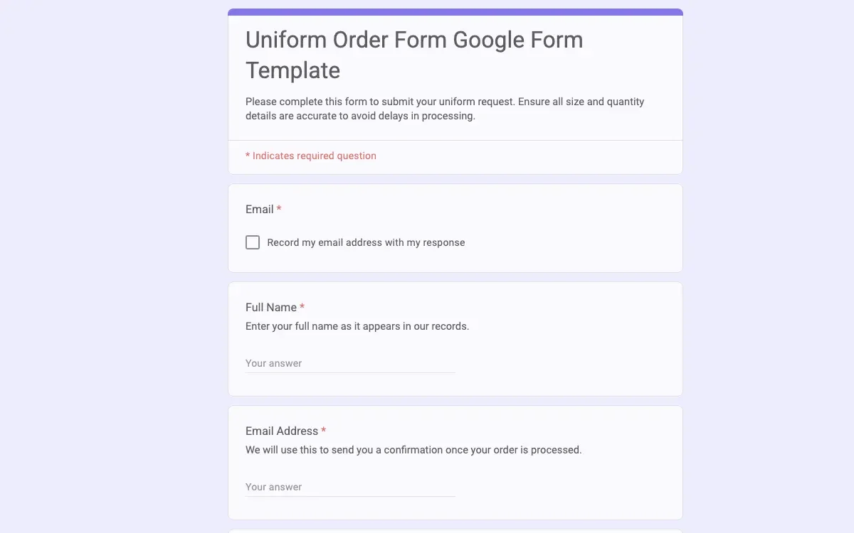 Preview of Uniform Order Form Google Form Template