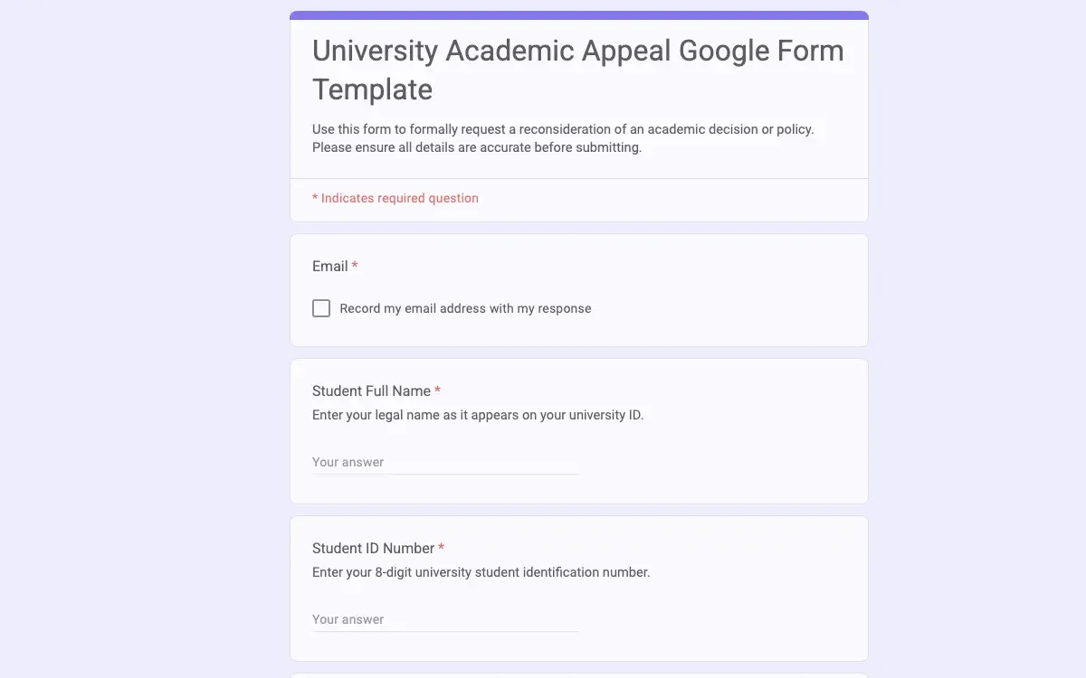 Preview of University Academic Appeal Google Form Template